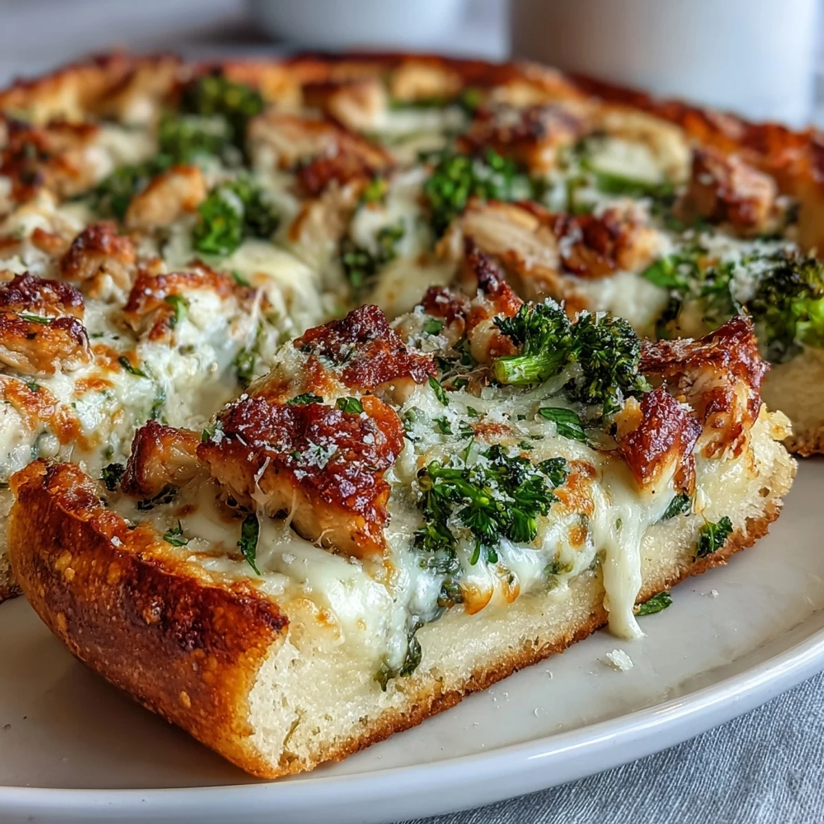 A close-up of Garlic Parmesan Chicken & Broccoli Pizza with melted mozzarella and golden-brown edges.