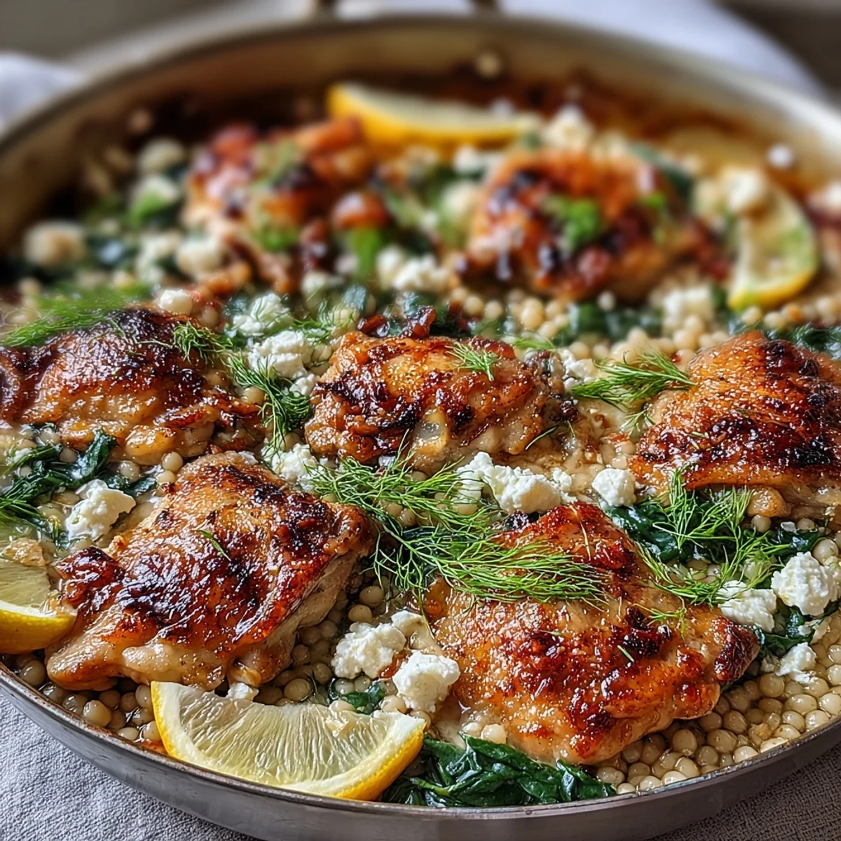 This Creamy Greek Chicken & Pearl Couscous Bake is a golden one-pan dinner.