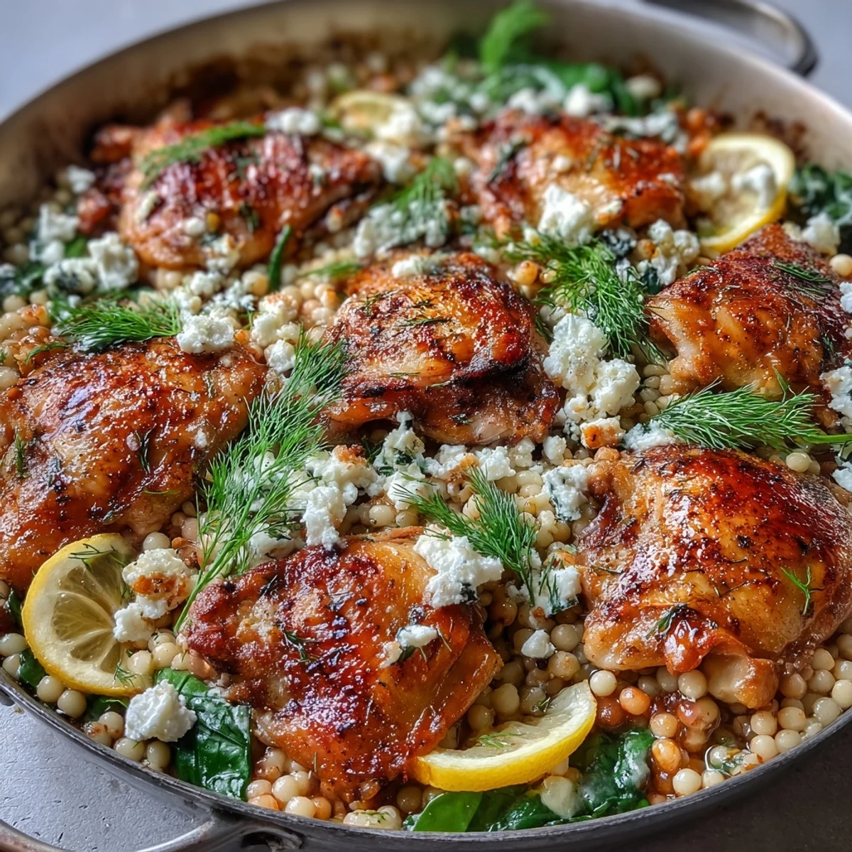 Fresh lemon juice and dill garnish this Creamy Greek Chicken & Pearl Couscous Bake.