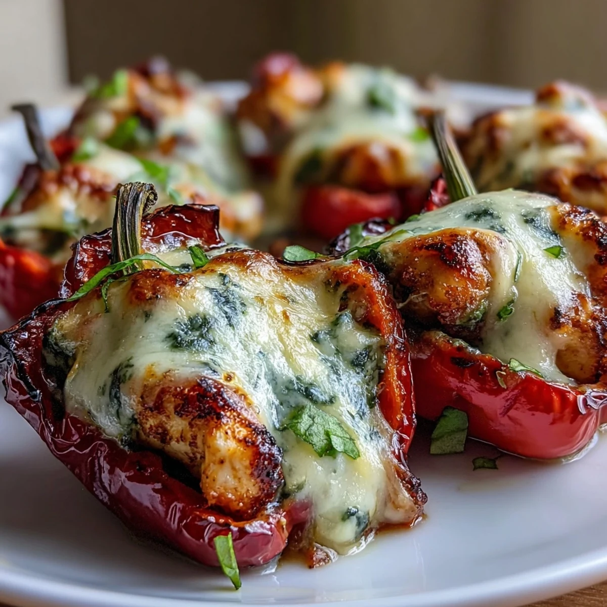 Juicy Pesto Chicken Stuffed Sweet Peppers with bubbling cheese, ready to enjoy right from the oven.