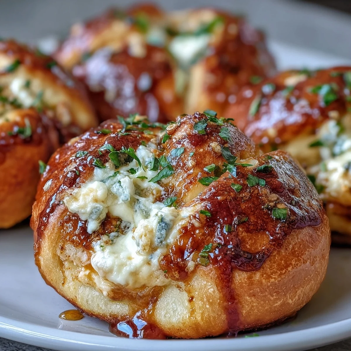 Golden-brown Hot Honey Ricotta Stuffed Garlic Knots fresh from the oven on a rustic wooden board.