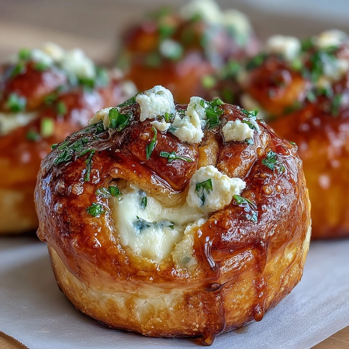Serving platter of Hot Honey Ricotta Stuffed Garlic Knots with extra honey on the side for dipping.