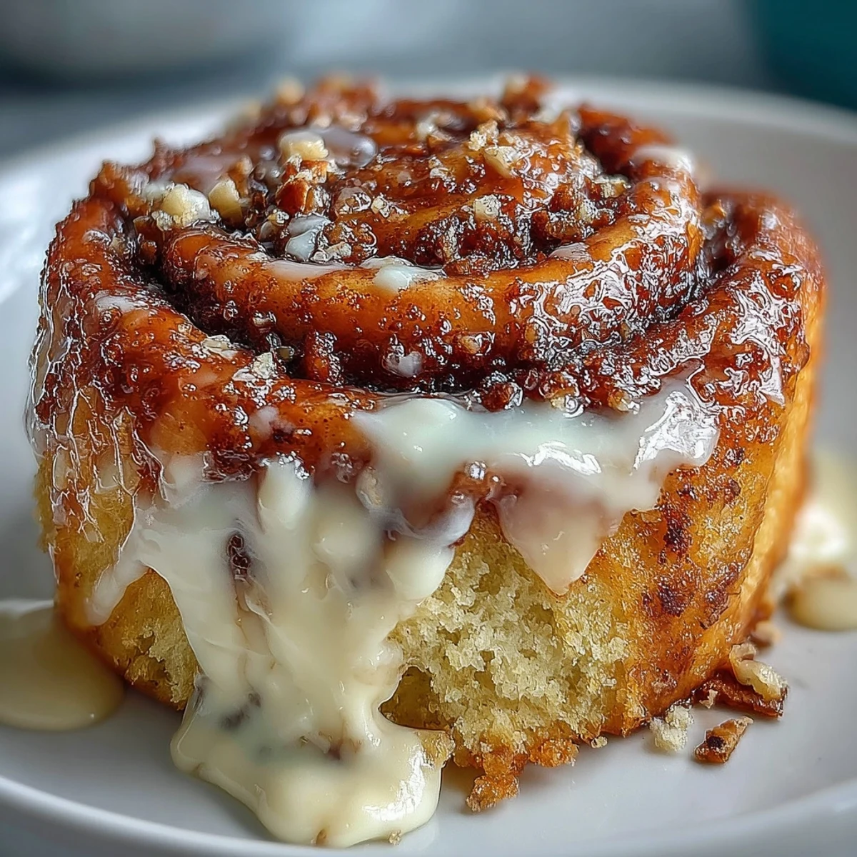 Freshly microwaved High-Protein Cinnamon Roll Mug Cake with a gooey cinnamon sugar swirl visible inside.