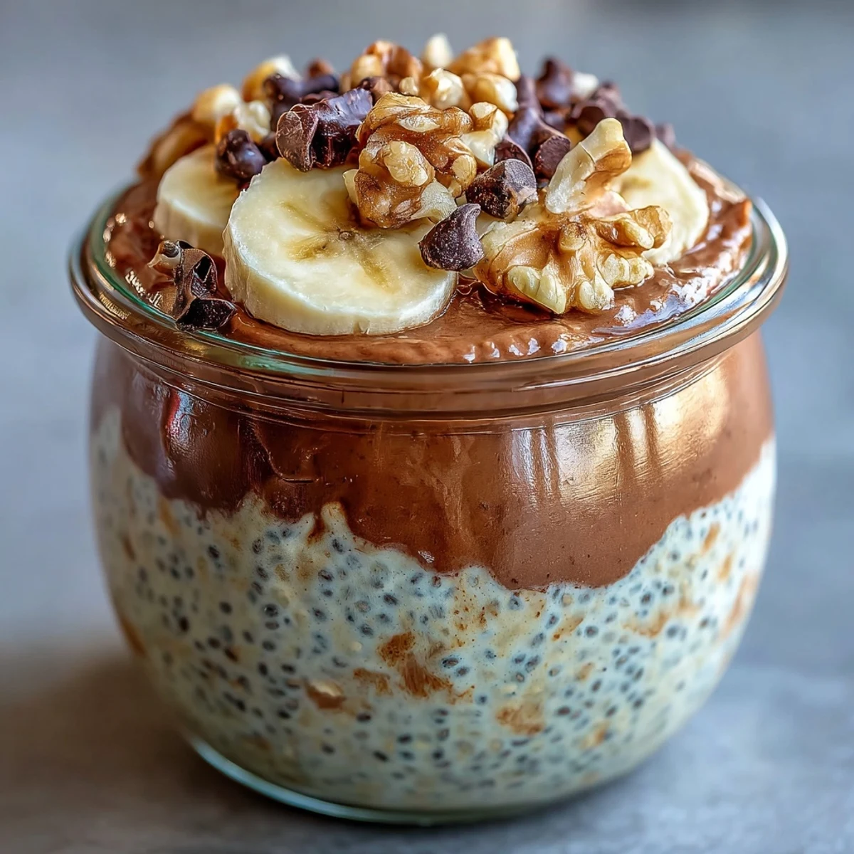 A close-up of Chunky Monkey Overnight Chia Pudding in a glass jar, showing layers of banana slices, chocolate chia, and peanut butter.