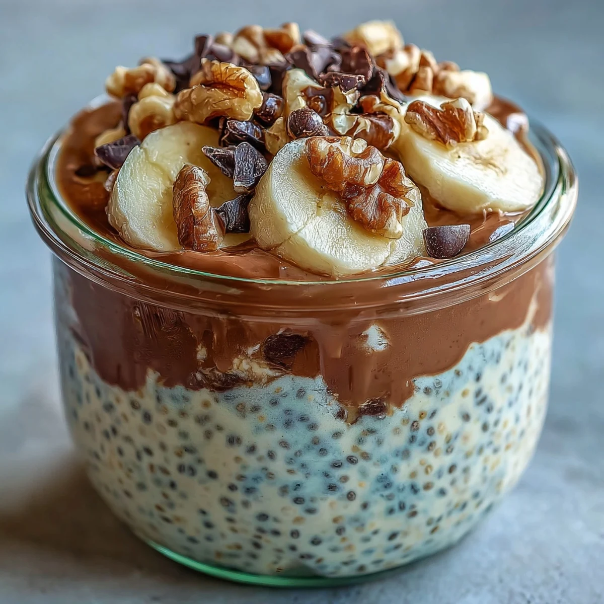 Overhead view of Chunky Monkey Overnight Chia Pudding topped with chocolate chips and chopped walnuts on a marble counter.