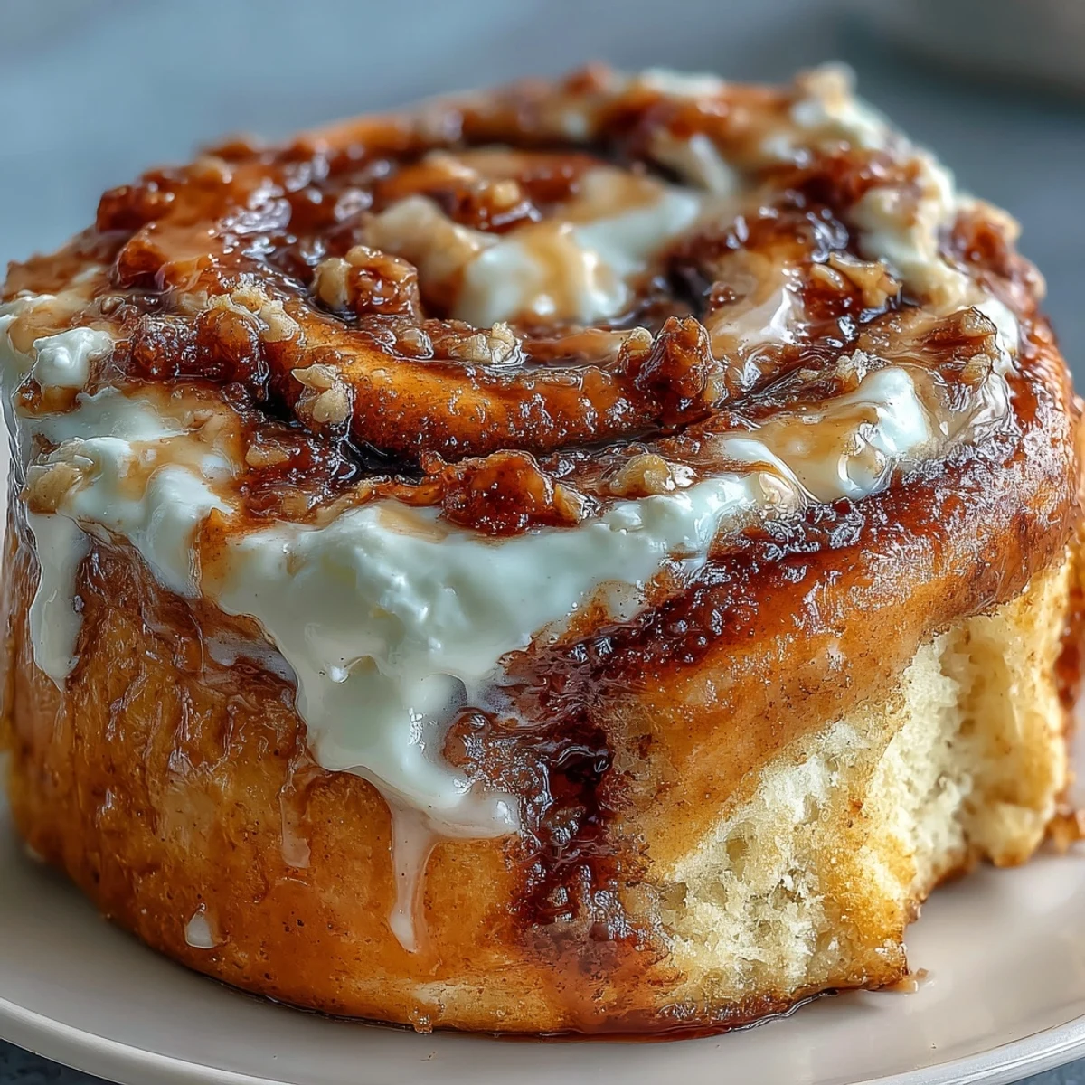 Steaming High-Protein Cinnamon Roll Mug Cake topped with creamy frosting in a white ceramic mug.