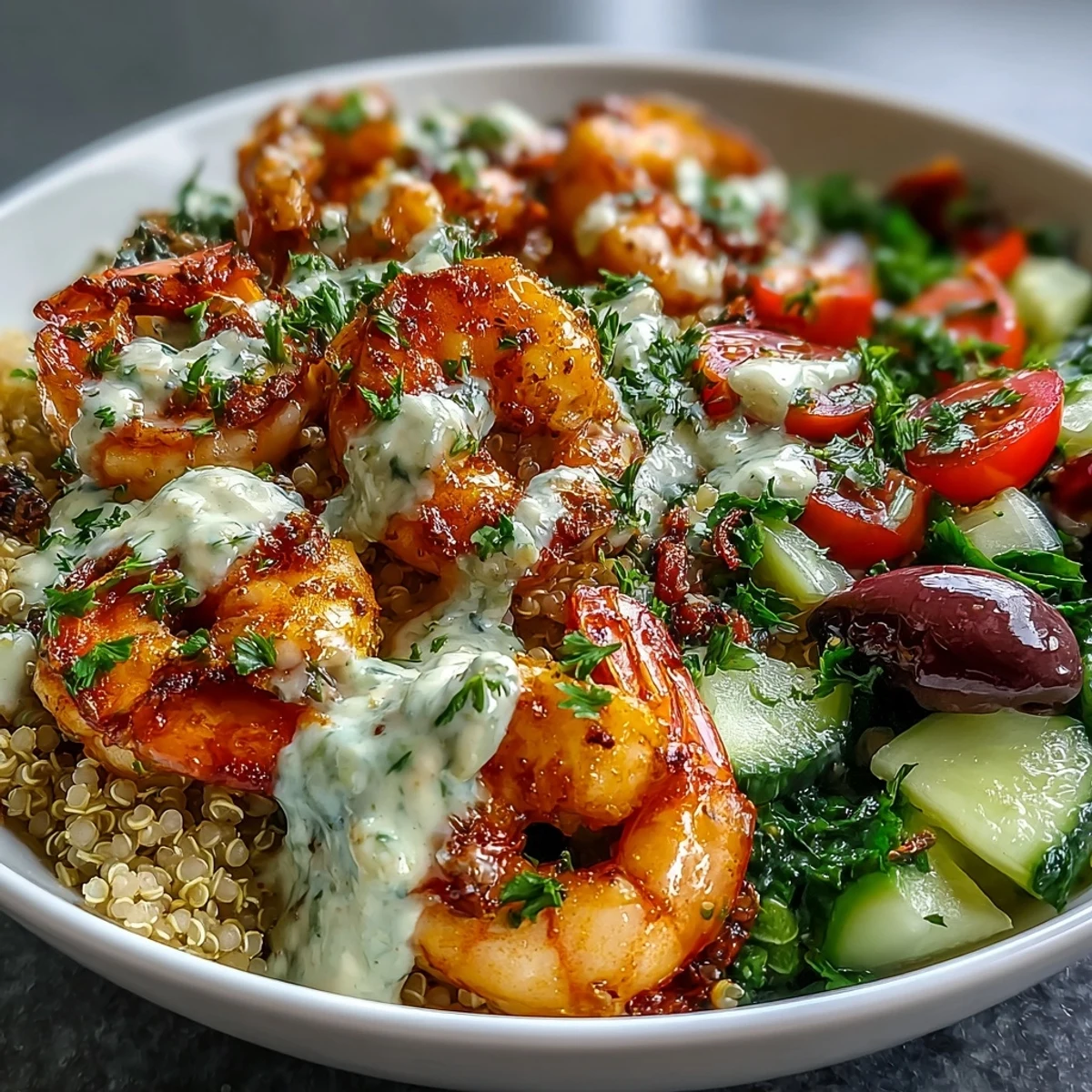 Mediterranean Shrimp Bowl with quinoa, cherry tomatoes, cucumber, and Kalamata olives, drizzled with creamy tahini sauce and garnished with fresh parsley.  