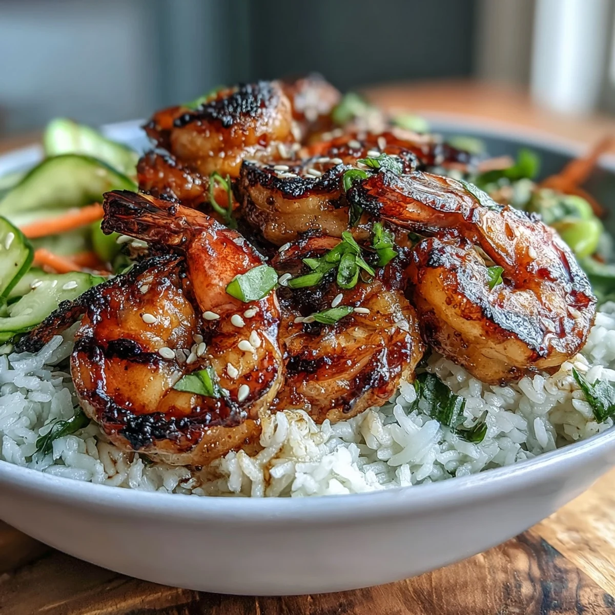 Vibrant Asian shrimp bowl featuring juicy grilled shrimp, fresh cucumber, and carrots, drizzled with a savory ginger-sesame sauce.