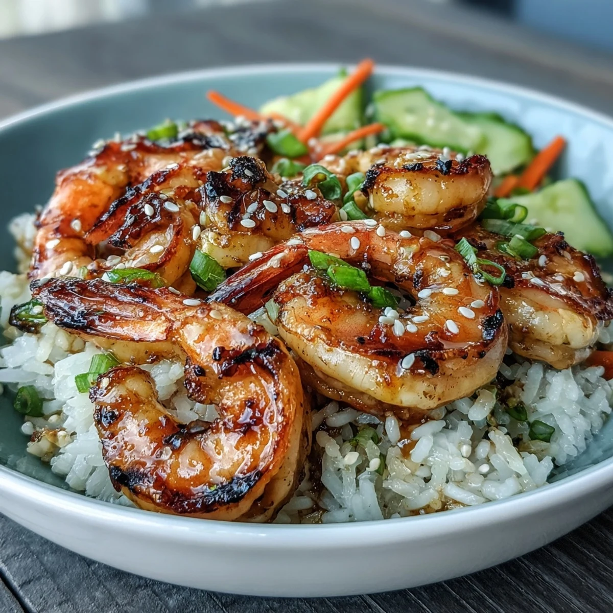 A colorful Asian shrimp bowl with grilled shrimp, crisp vegetables, and a tangy ginger-sesame dressing over fluffy rice.