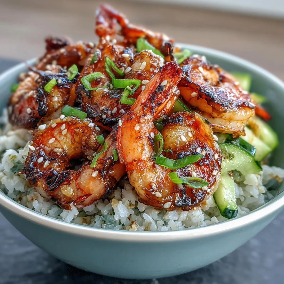 Healthy Asian shrimp bowl with tender shrimp, crisp veggies, and zesty ginger dressing, perfect for a light, satisfying meal.