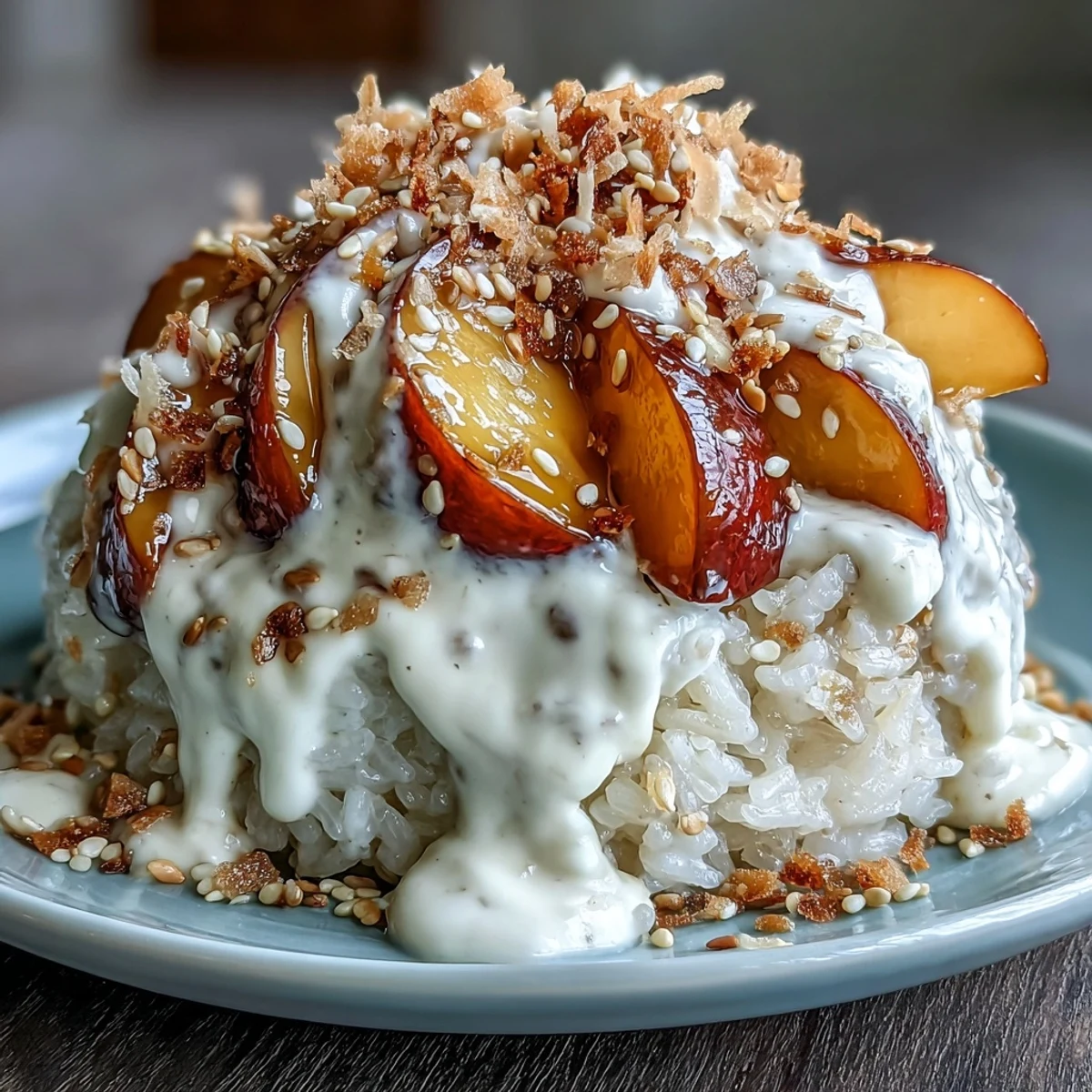 Vegan mango sticky rice breakfast bowl topped with fresh sliced mango and creamy coconut cream drizzle for a tropical morning treat.  