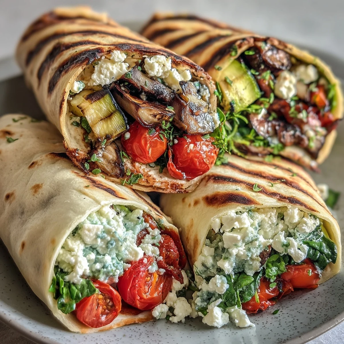 Mediterranean Grilled Vegetable Wraps with Hummus and Feta—soft tortillas stuffed with smoky, charred veggies, creamy hummus, and tangy feta crumbles.
