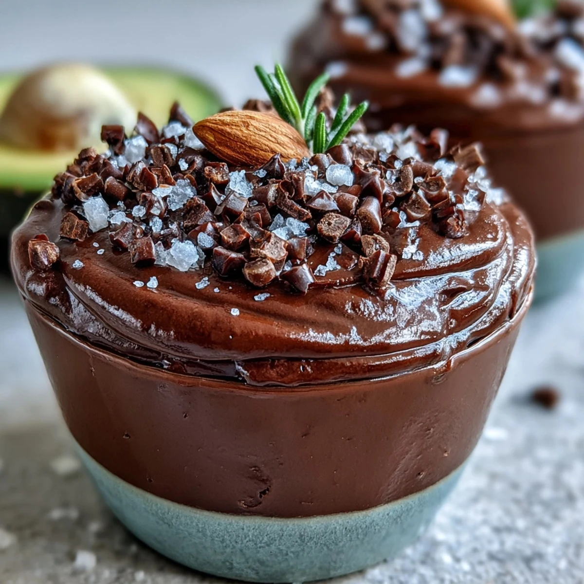 Rich, dairy-free chocolate mousse made with ripe avocados, served in cups with a crisp salty cacao nib crunch topping.