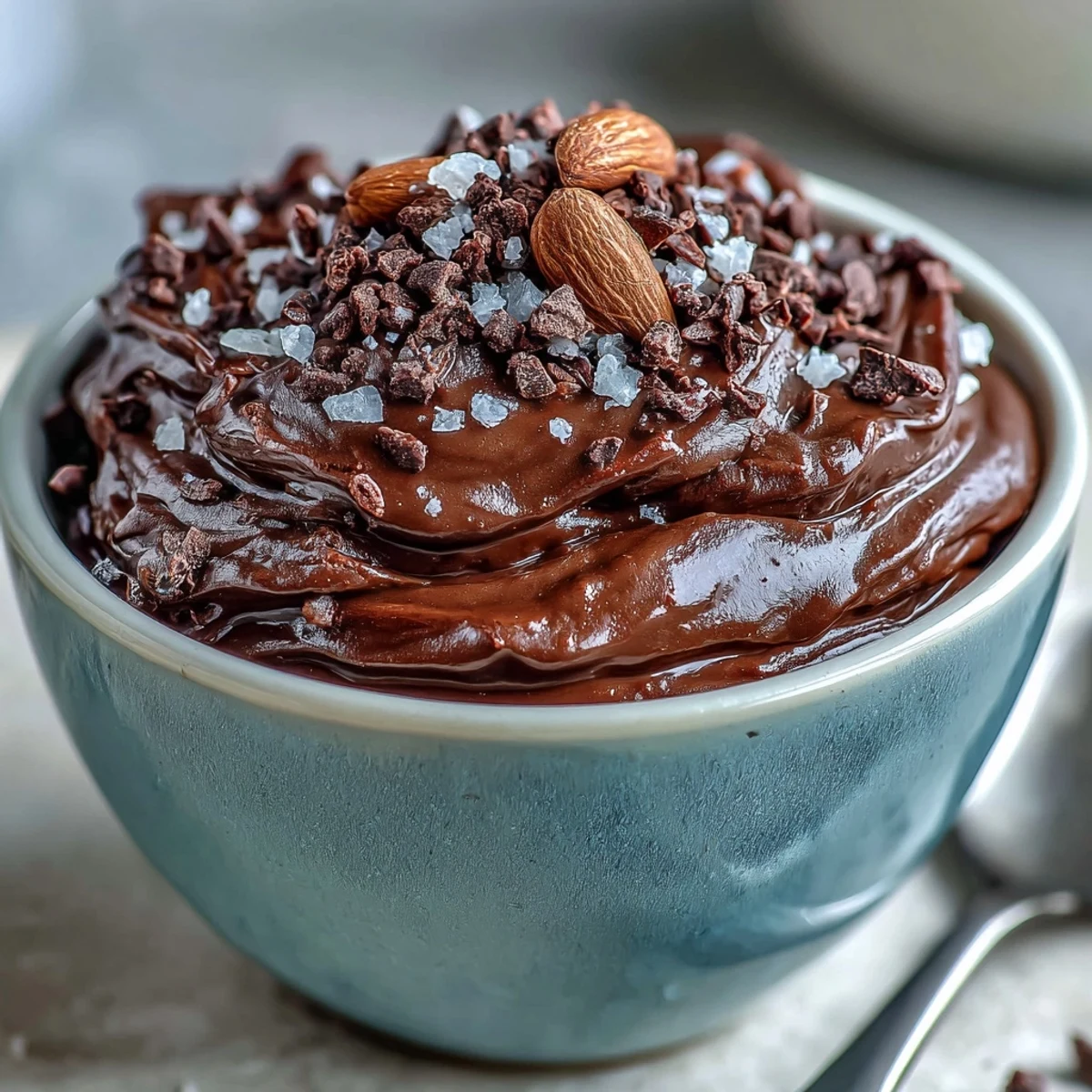 Velvety vegan chocolate avocado mousse garnished with maple-coated cacao nibs and flaky sea salt for texture and flavor.