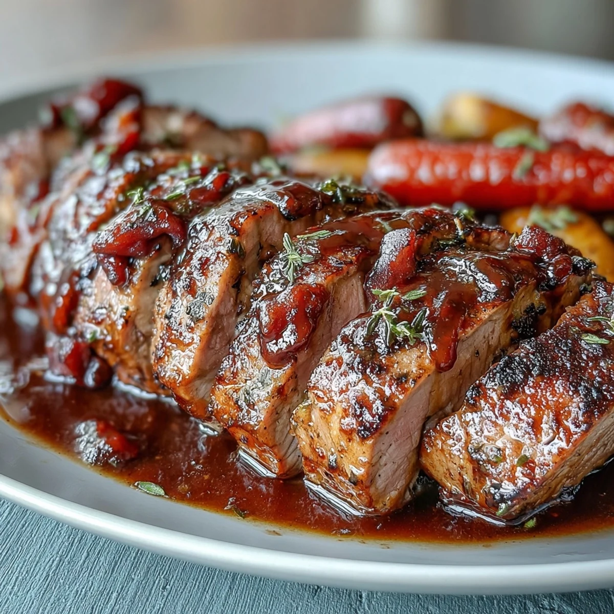 Glazed pork tenderloin with honey and balsamic vinegar, served alongside caramelized rainbow carrots in a one-pan meal.