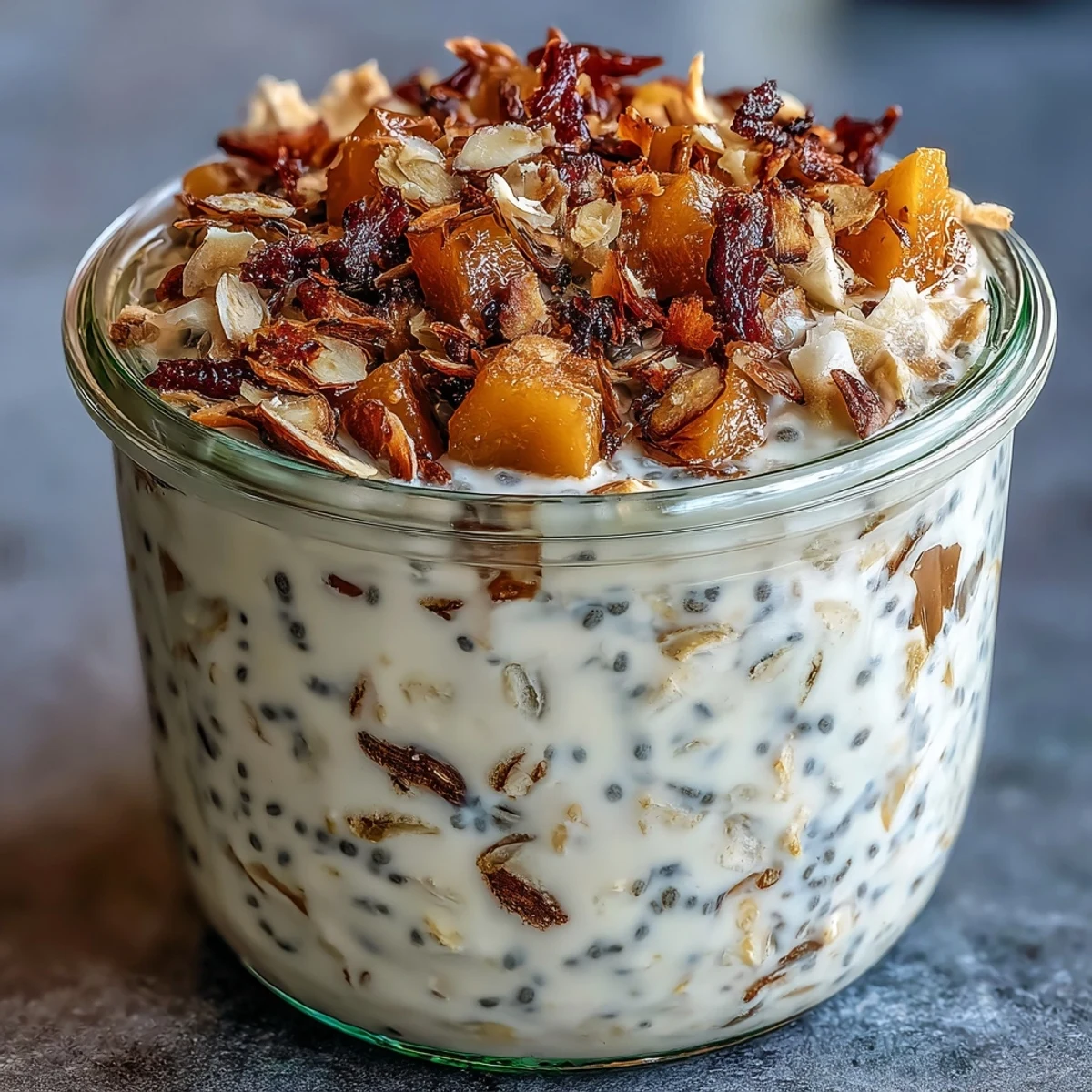 Vibrant overnight oats with juicy mango, coconut milk, and chia seeds, topped with golden toasted coconut for a refreshing start to your day.