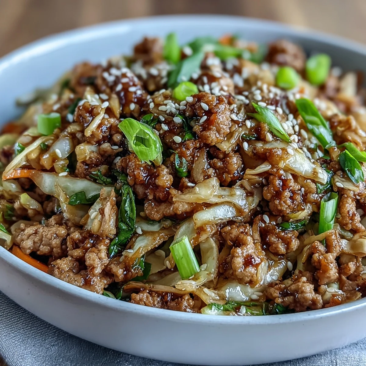 A savory keto egg roll in a bowl with ground turkey, crisp cabbage, and sesame oil in a sizzling skillet.
