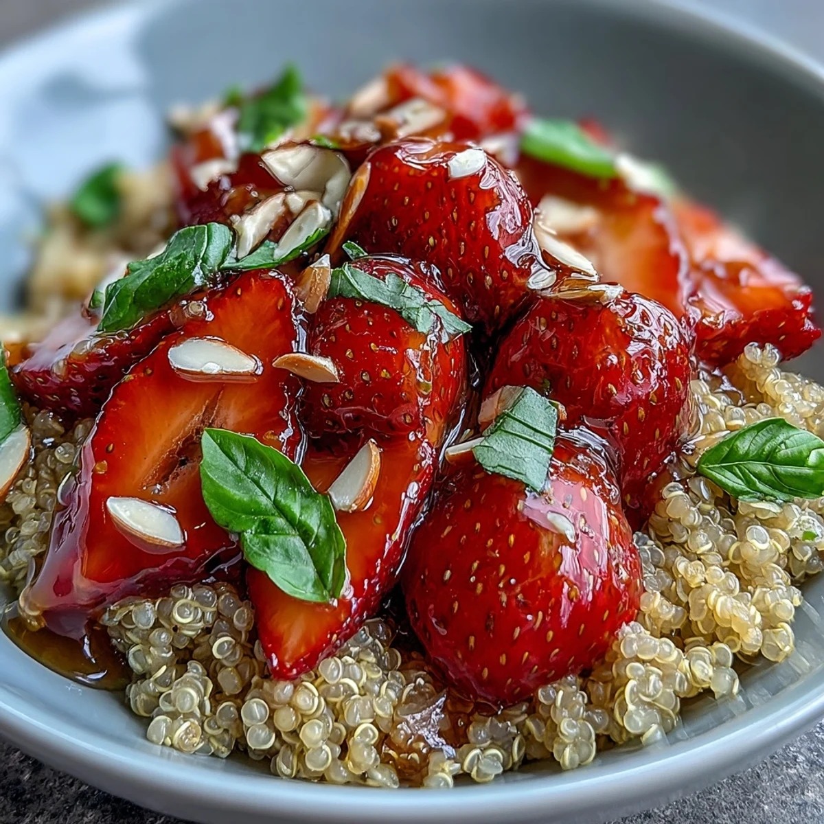 Creamy plant-based yogurt topped with sliced strawberries, basil, almonds, and honey alternative on fluffy quinoa.  