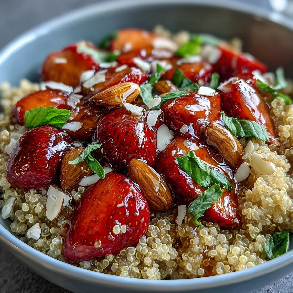 Nutritious quinoa bowl layered with strawberries, basil, chia seeds, and almond crunch, drizzled with vegan honey.