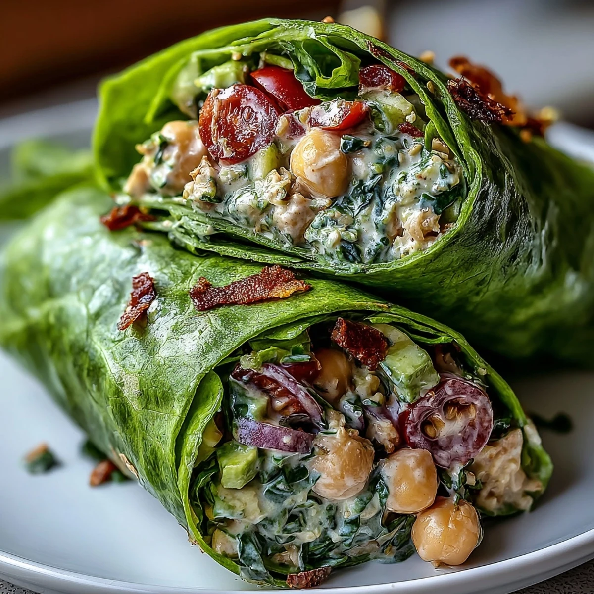 Creamy avocado chickpea salad nestled in crunchy lettuce shells, perfect for a light, healthy lunch or snack.  