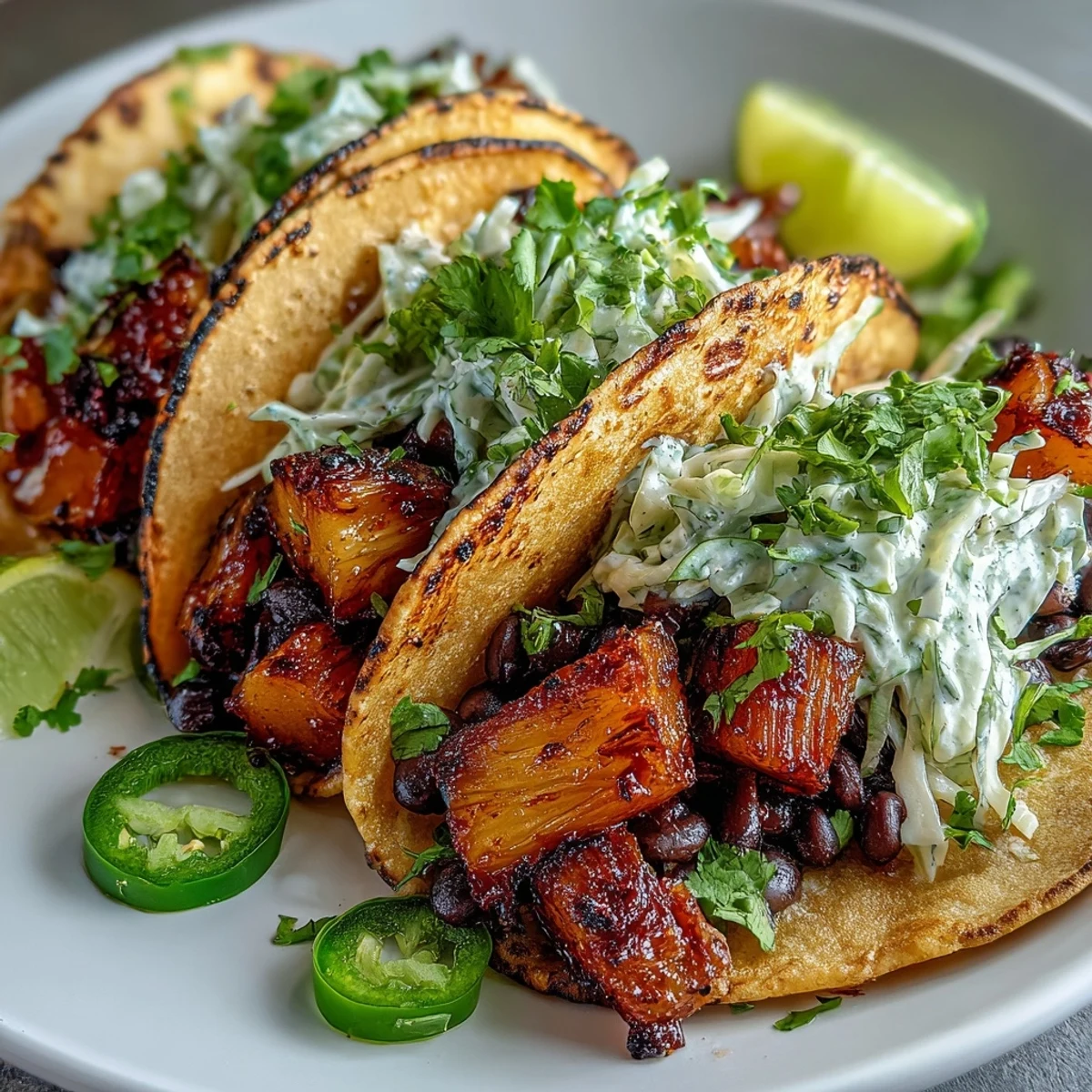 Colorful vegan tacos filled with juicy pineapple, black beans, and smoky spices, topped with creamy coconut lime slaw and fresh cilantro.  