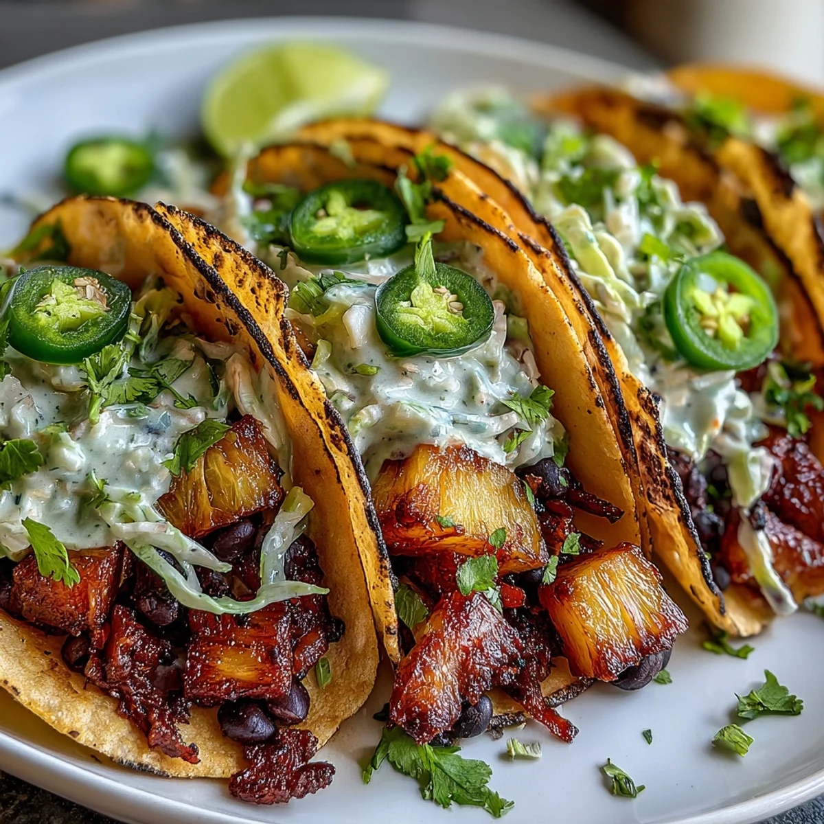 Tropical-inspired pineapple black bean tacos served on warm corn tortillas, featuring vibrant red and green cabbage slaw with zesty lime and coconut.  