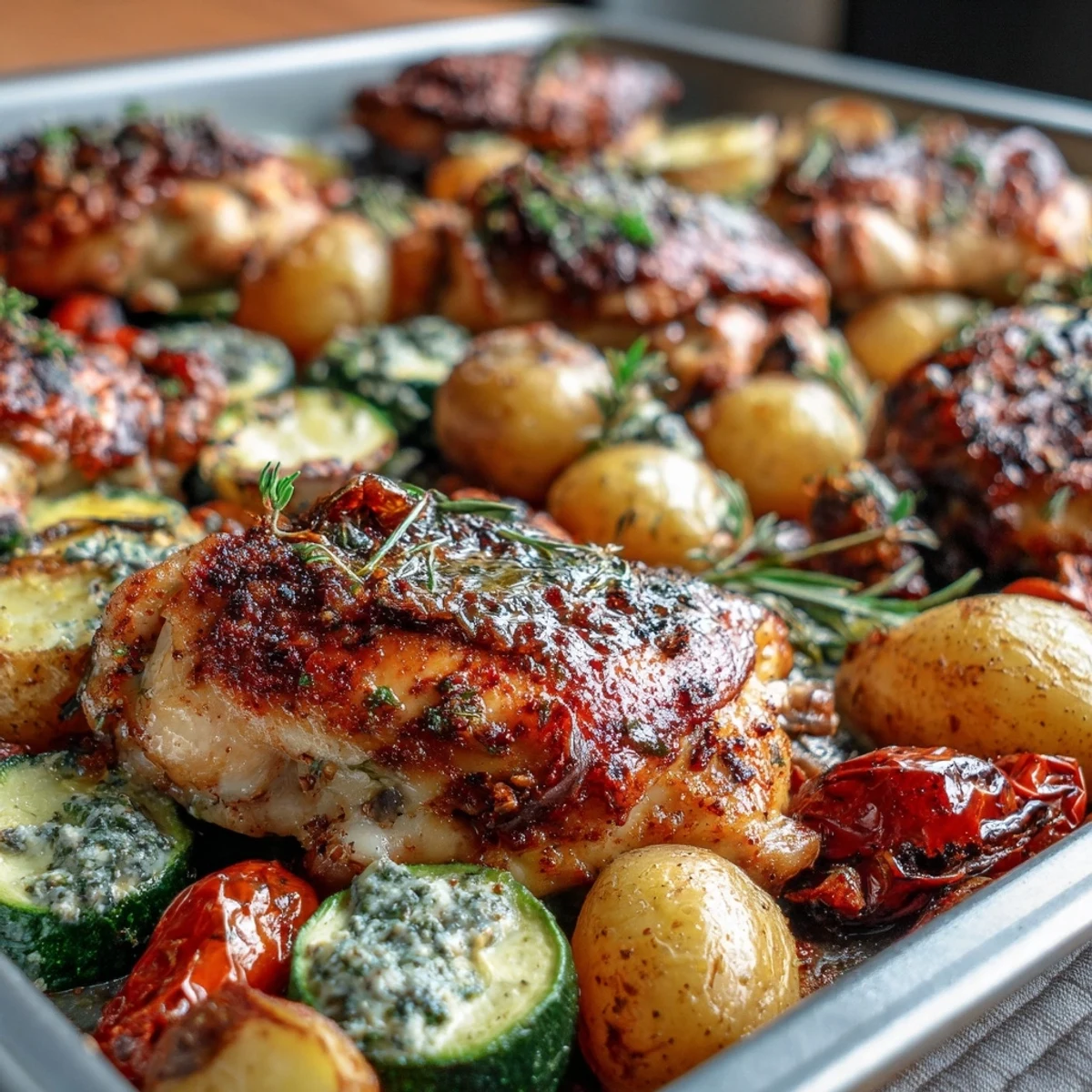 Sheet pan Mediterranean chicken with zucchini and lemon-herb potatoes, golden and roasted with fresh herbs and lemon zest.  