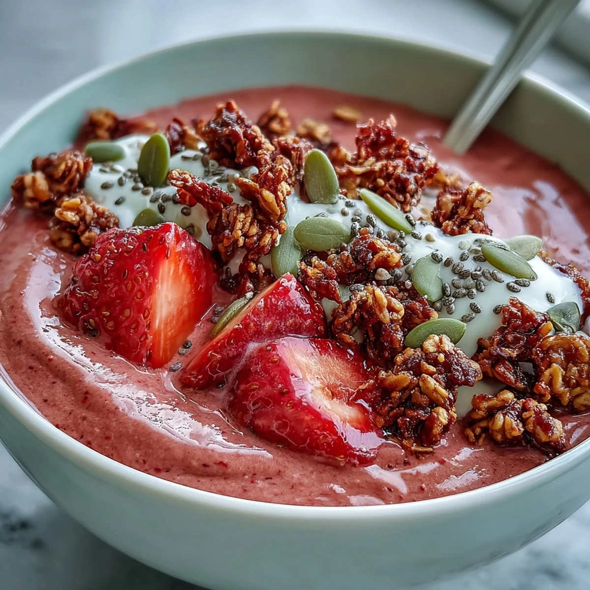 Creamy smoothie bowl blending strawberries and hidden cauliflower with protein powder, garnished with seeds and tropical coconut.