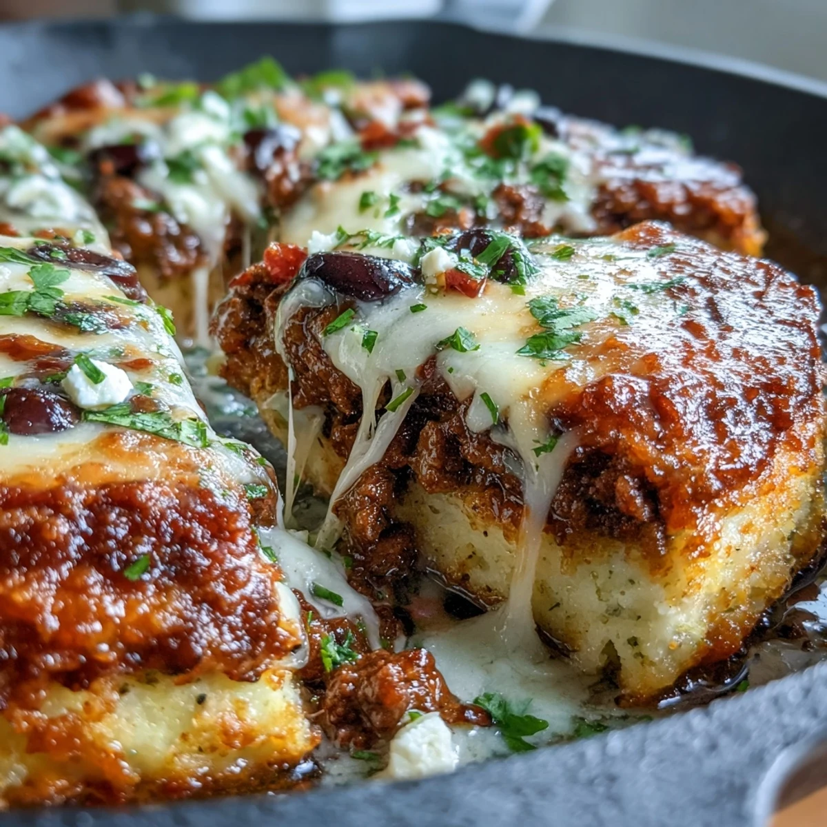 Cheesy cauliflower crust taco skillet with seasoned ground beef and melted cheddar, served in a cast iron pan.  