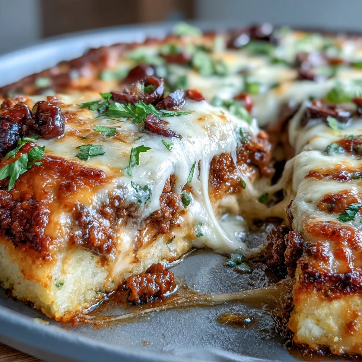 Keto-friendly taco skillet with golden cauliflower crust, savory beef, and bubbling cheese, garnished with fresh tomatoes.  