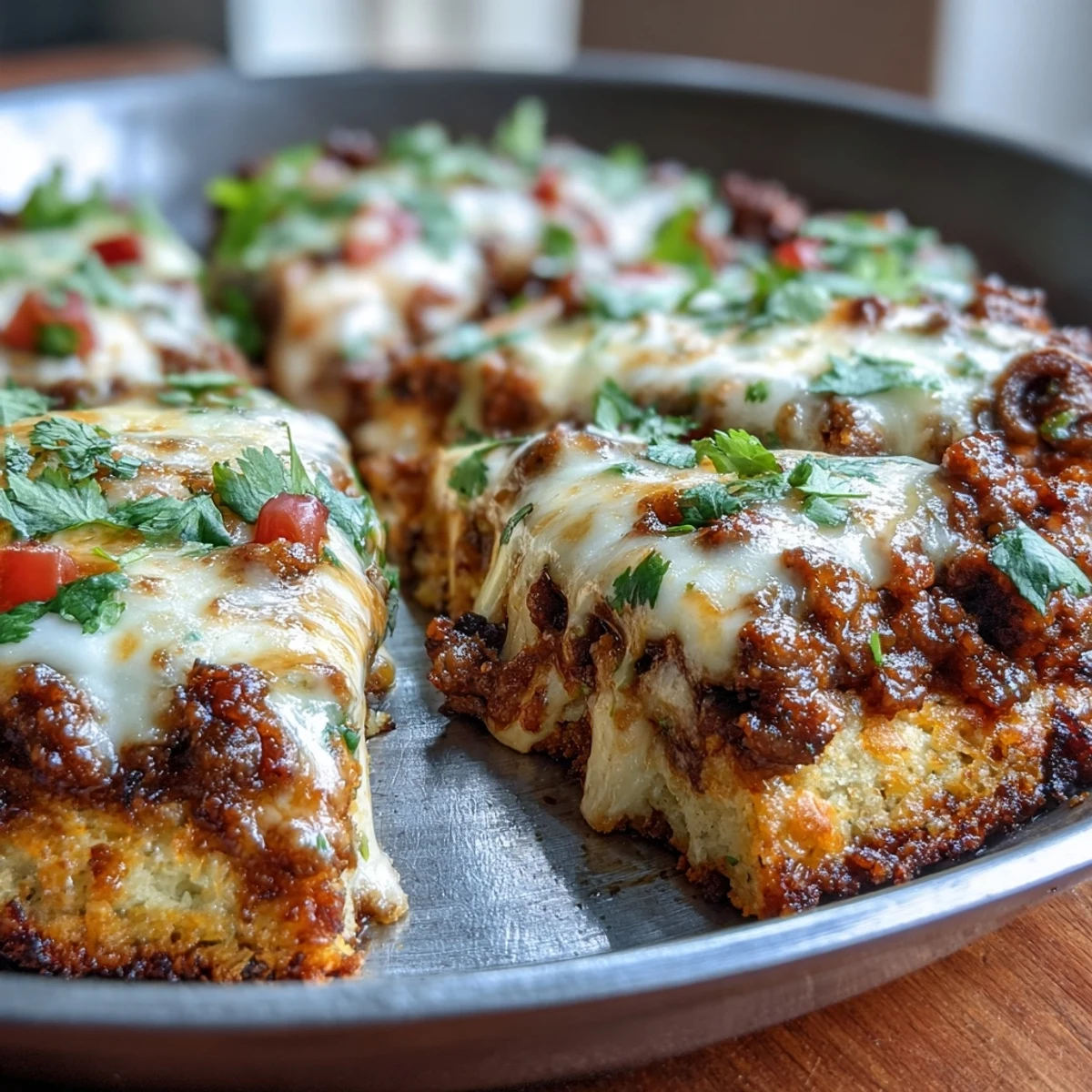 Low-carb cheesy cauliflower taco skillet baked in a skillet, topped with olives, cilantro, and creamy sour cream.