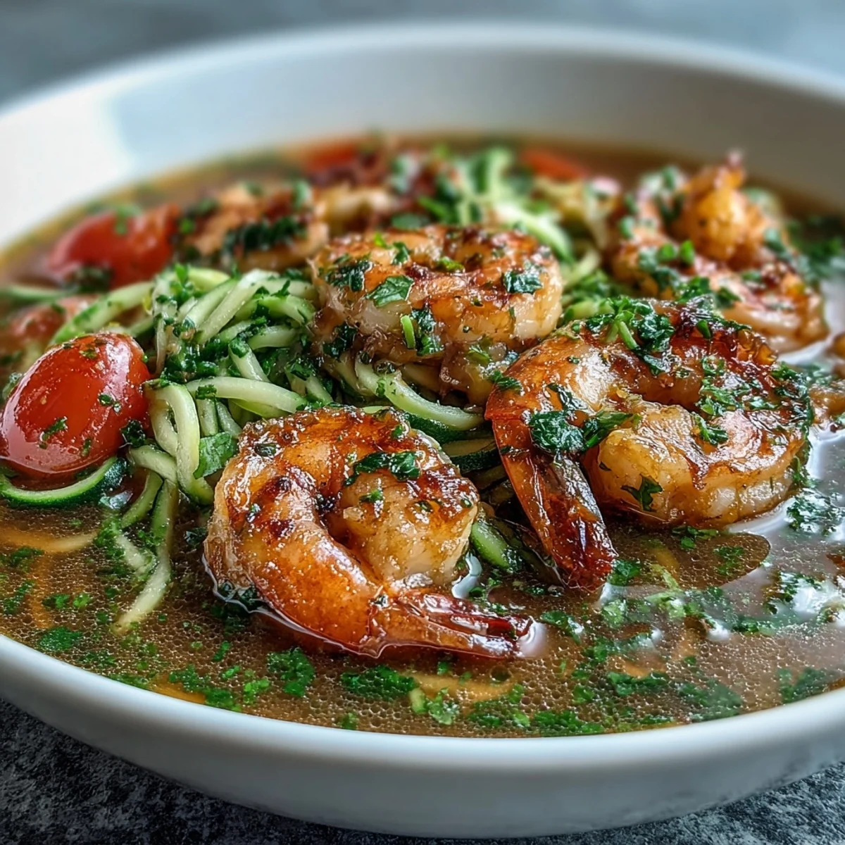 Vibrant 15-minute zucchini noodle shrimp bowl with lemon-garlic broth and fresh parsley garnish.
