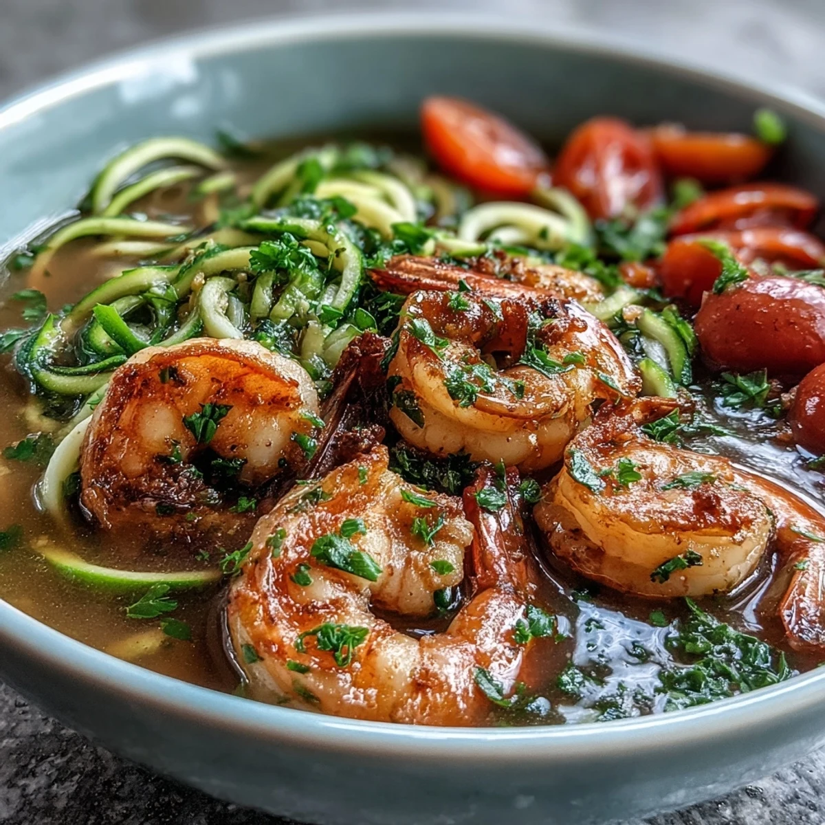 Colorful shrimp and spiralized zucchini in light lemon-garlic broth, topped with cherry tomatoes and parsley.