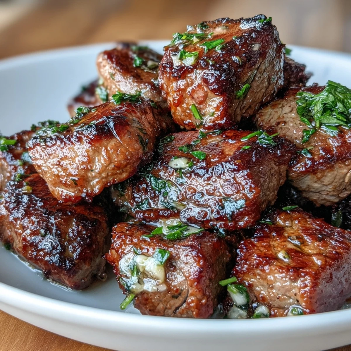 Keto garlic butter steak bites with avocado fries and zucchini ribbons on a white plate, garnished with parsley and lemon wedges.