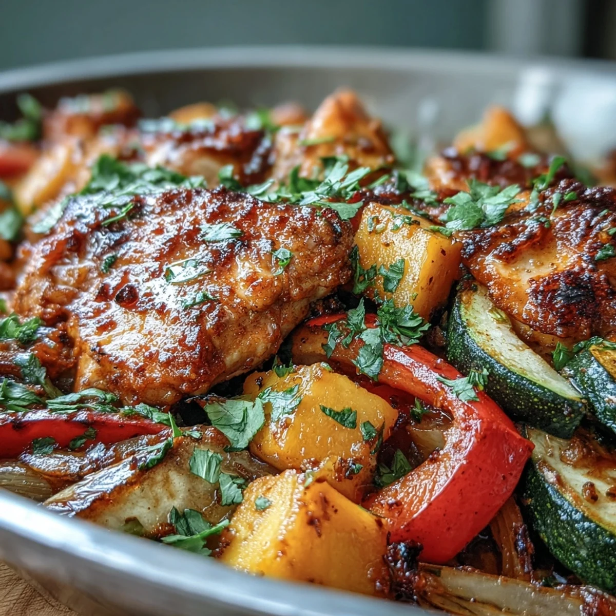 Colorful sheet pan dinner of spicy chili chicken, fresh mango chunks, and tender roasted vegetables, garnished with cilantro.