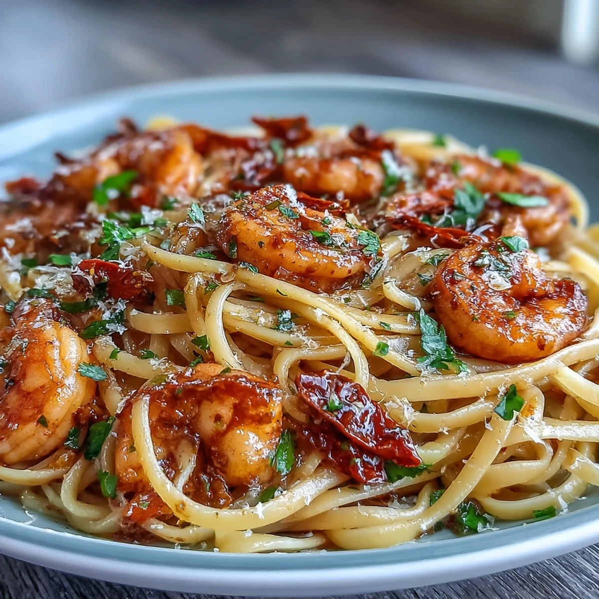 Aromatic garlic and chili shrimp linguine with fresh parsley and zesty lemon, perfect for a quick and flavorful dinner.  
