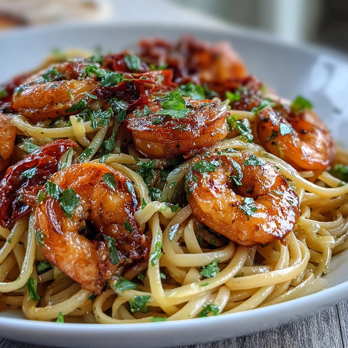 Succulent shrimp in a fiery garlic-chili oil, served over linguine with lemon zest and fresh parsley for a bold, satisfying meal.