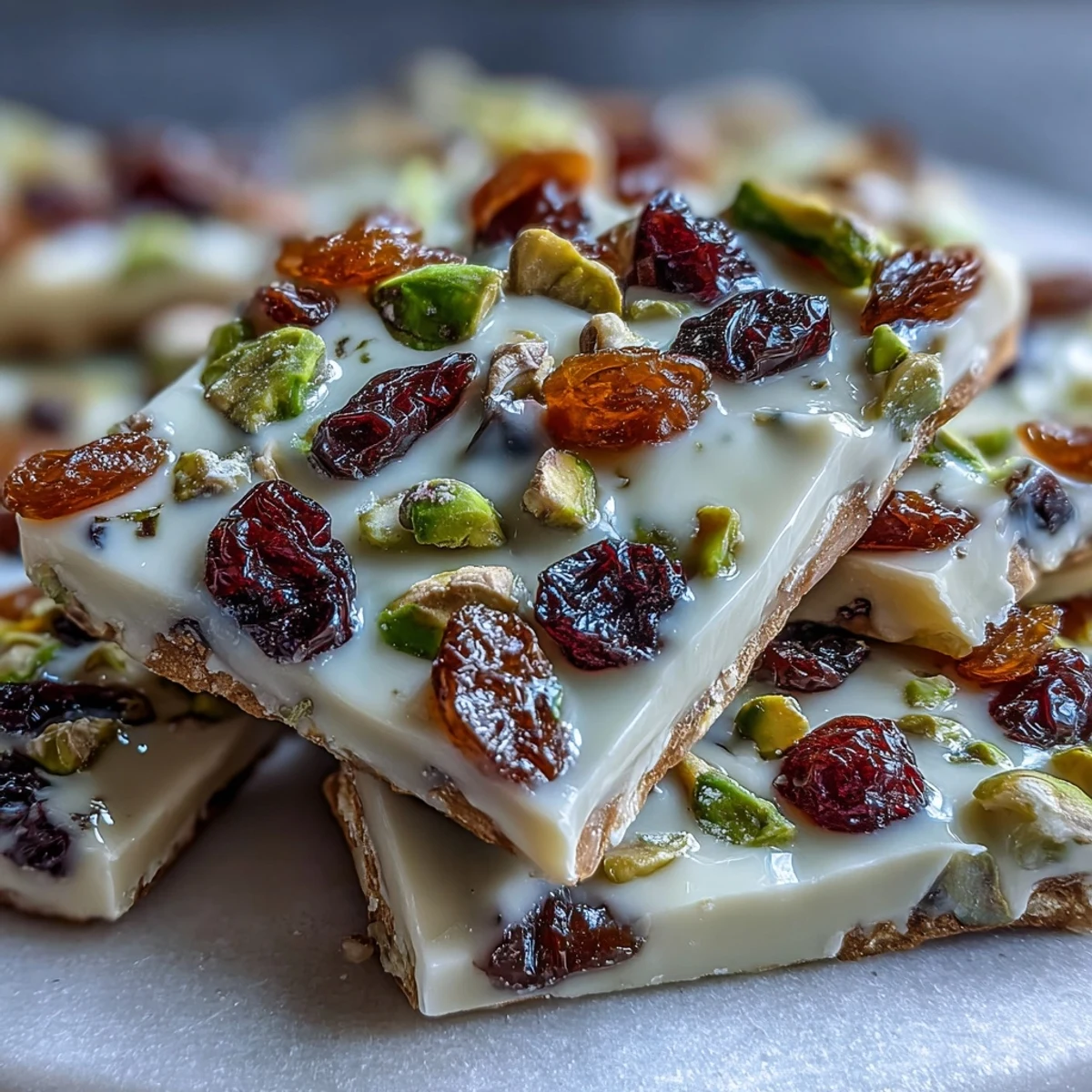 White chocolate bark studded with vibrant pistachios and chewy dried cranberries for a festive treat.