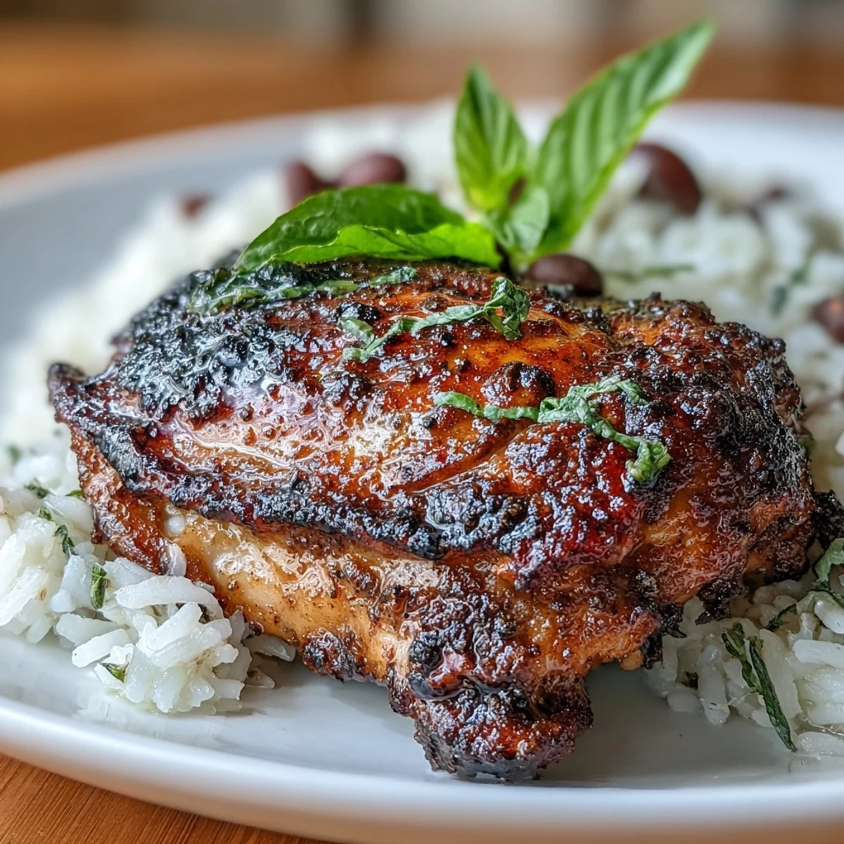 Spicy jerk chicken thighs with crispy skin served over fragrant coconut rice and kidney beans, garnished with fresh thyme and lime wedges.