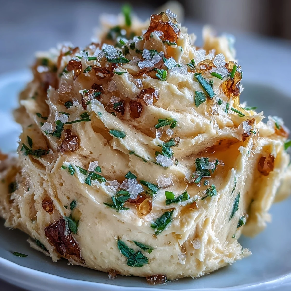 A creamy spread of salted honey butter melting on warm, crusty bread with visible herb flecks and golden honey swirls.