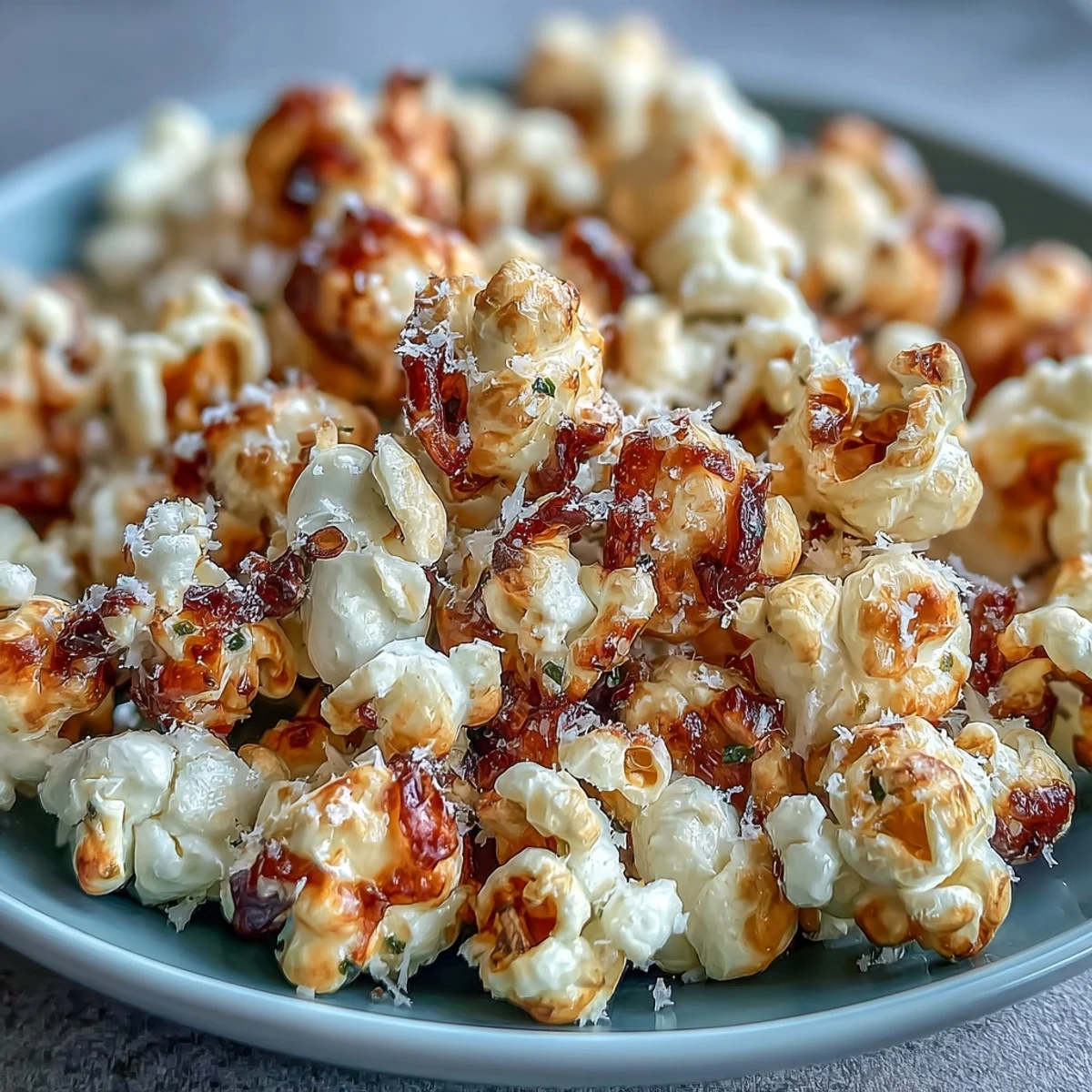 Luxurious truffle popcorn with Parmesan and fleur de sel, served in a rustic bowl for an elegant snack.  