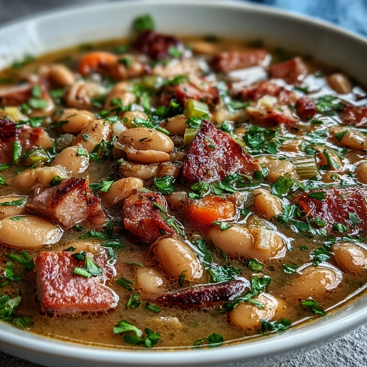Hearty ham and butter bean soup with tender legumes and fresh herbs, served in a rustic bowl.  