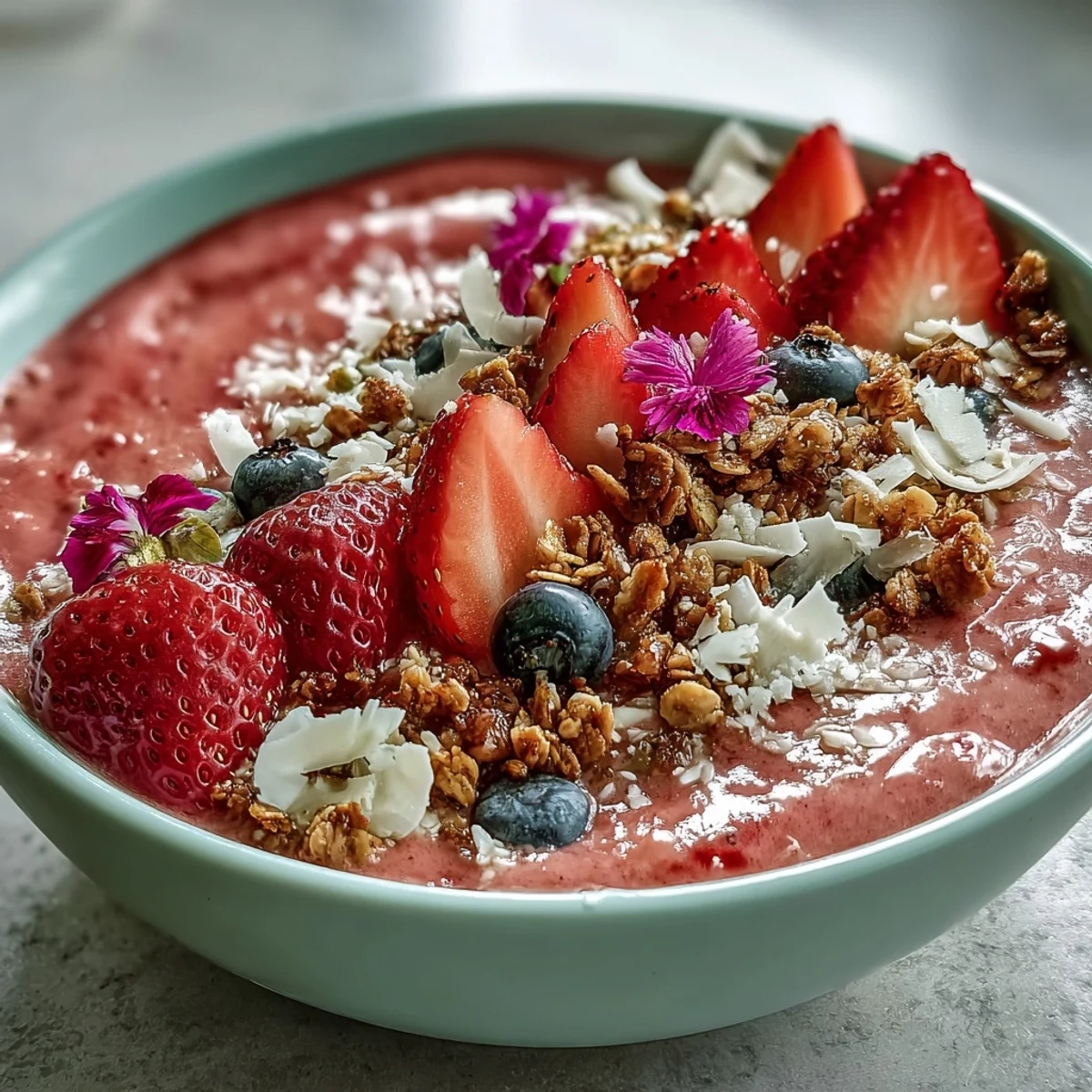 A vibrant strawberry smoothie bowl topped with crunchy granola, fresh berries, and coconut flakes for a festive Galentine's brunch.