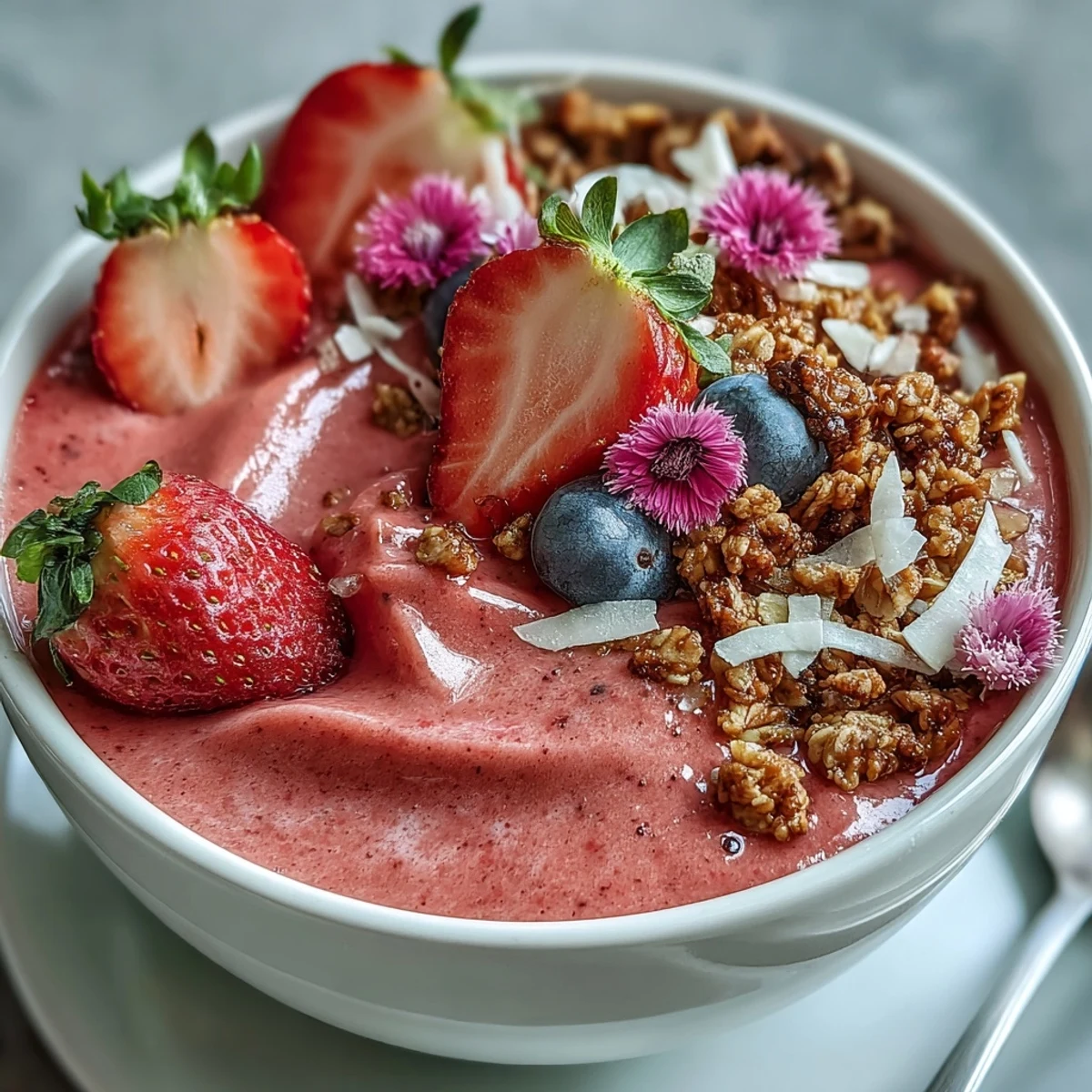 A creamy strawberry smoothie base blended with Greek yogurt and banana, beautifully garnished with granola, blueberries, and edible flowers.