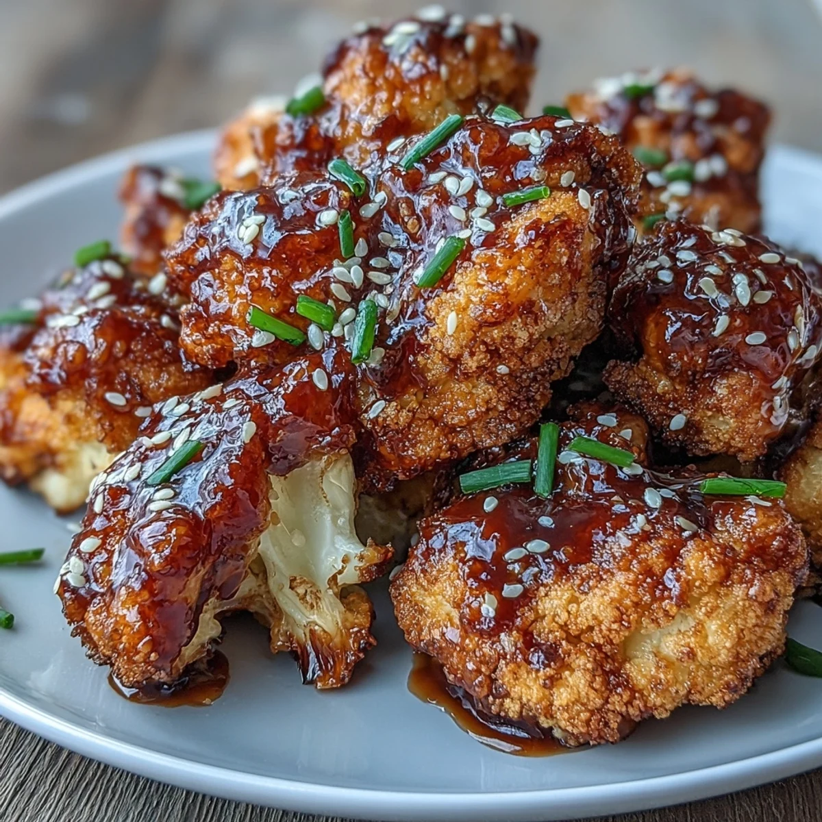 Golden battered cauliflower bites tossed in rich General Tso's sauce, garnished with sesame seeds and scallions.  