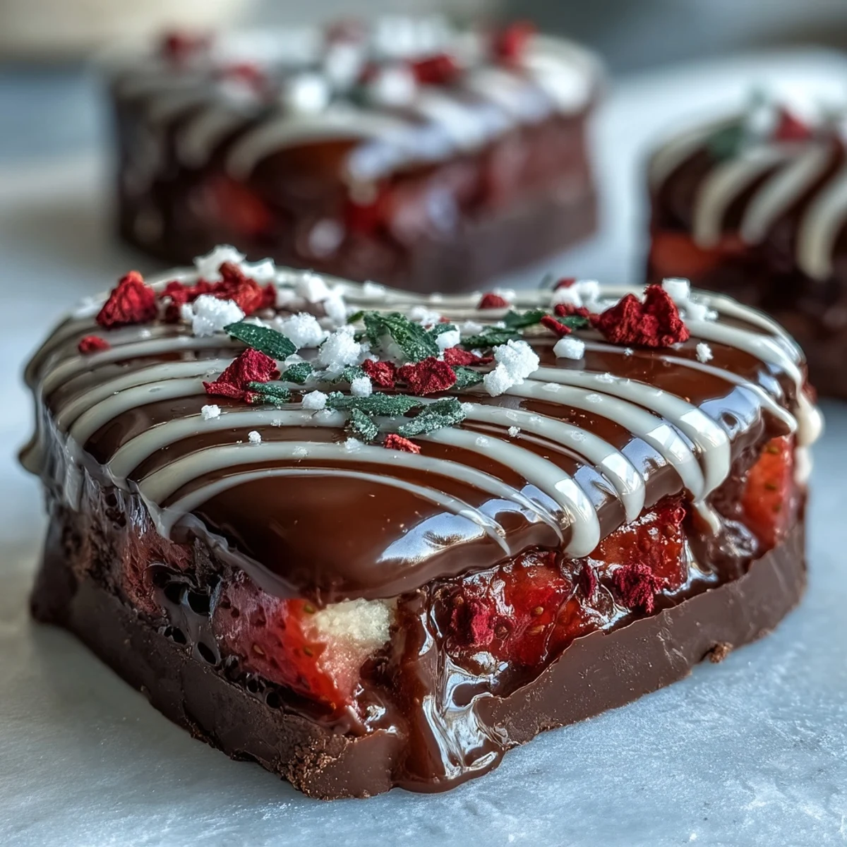 Swirled layers of rich dark and creamy white chocolate topped with crunchy freeze-dried strawberries and colorful Valentine-themed sprinkles.