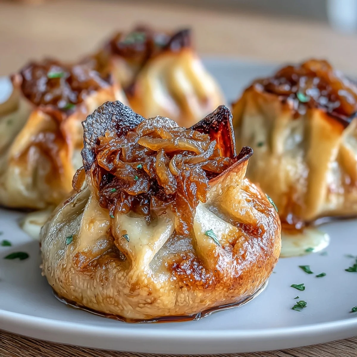 Golden-fried dumplings bursting with savory caramelized onions and melted cheese, served with a rich broth drizzle.  