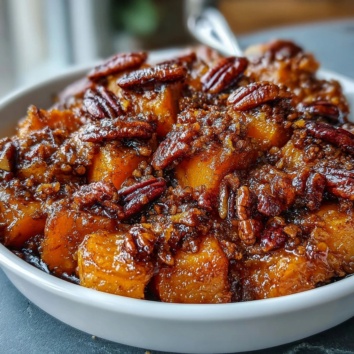 Candied yams casserole with pecan streusel topping in a glass baking dish, golden brown topping over tender, syrup-glazed sweet potatoes.