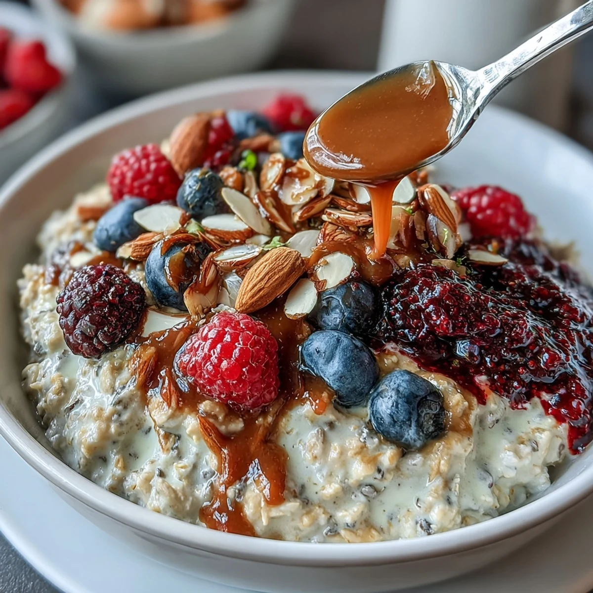 A creamy jar of overnight oats topped with vibrant mixed berries and a swirl of almond butter, perfect for a wholesome breakfast.