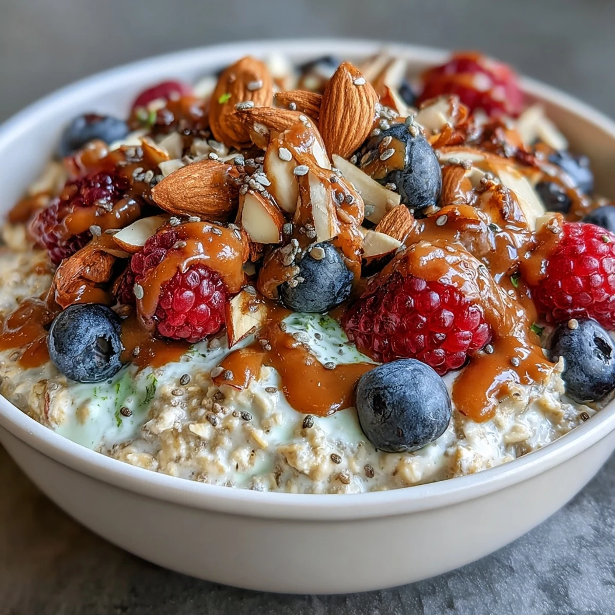 Nutty almond butter drizzled over a bowl of chilled overnight oats, bursting with juicy berries and crunchy sliced almonds.